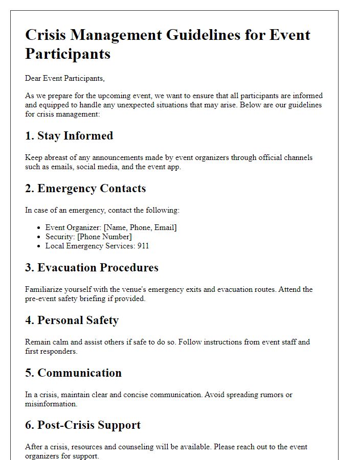 Letter template of crisis management guidelines for event participants