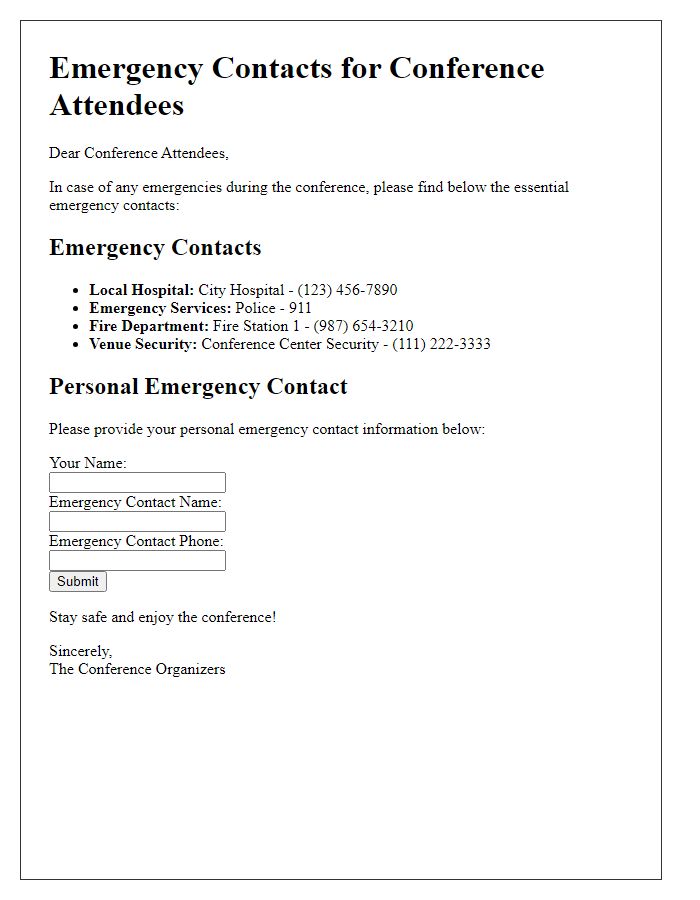 Letter template of emergency contacts for conference goers