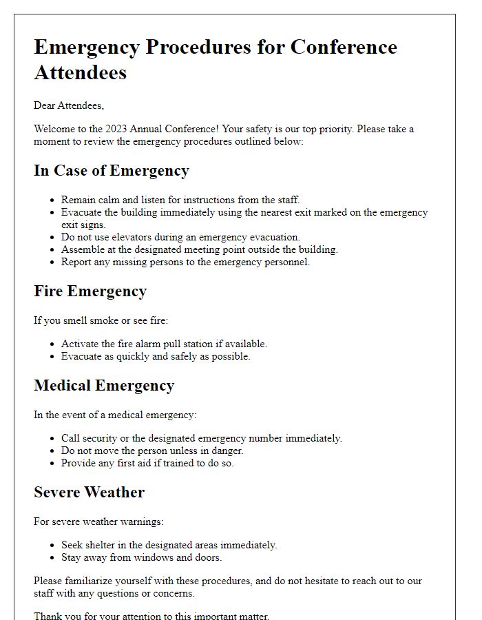 Letter template of emergency procedures for conference attendees