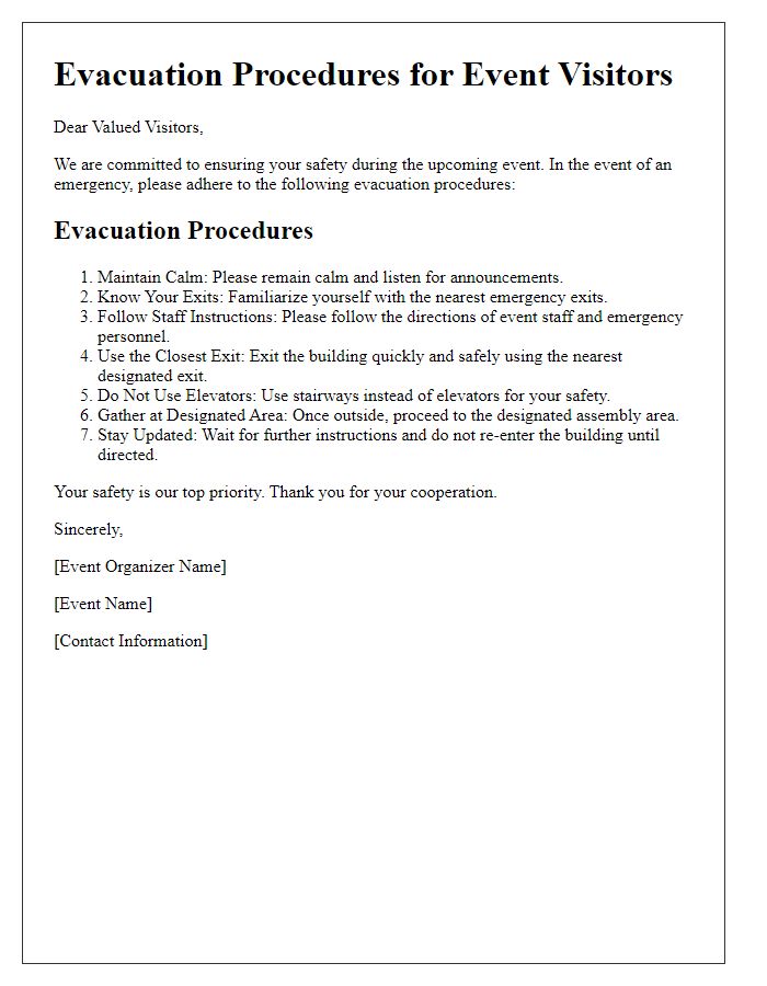 Letter template of evacuation procedures for event visitors