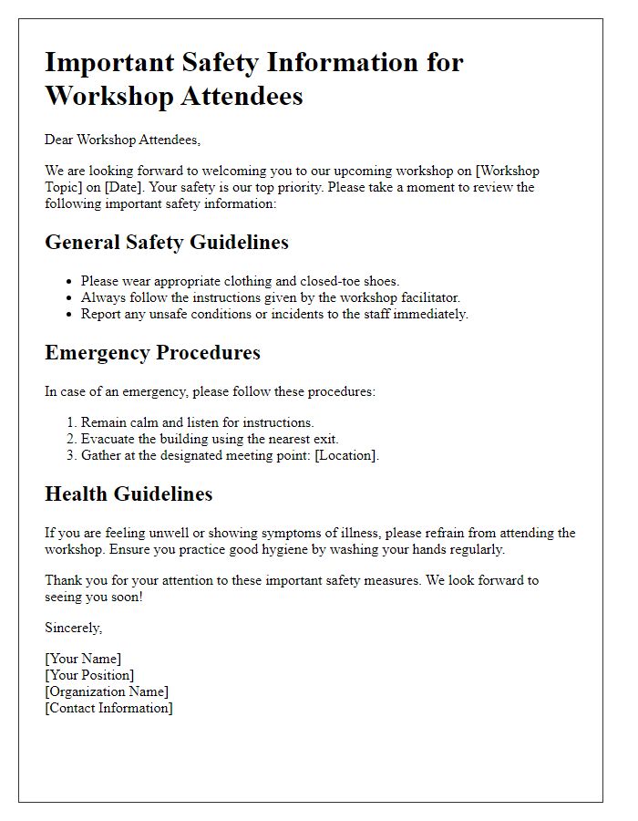 Letter template of important safety information for workshop attendees