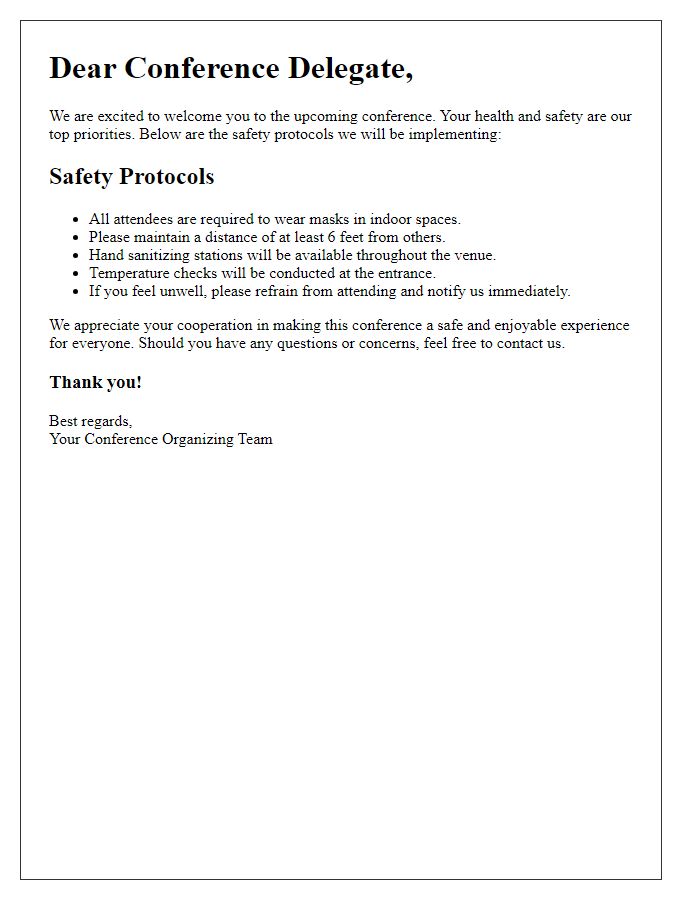 Letter template of safety protocols for conference delegates