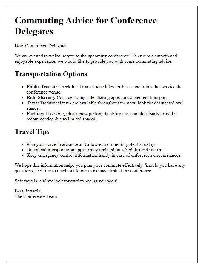 Letter template of commuting advice for conference delegates.