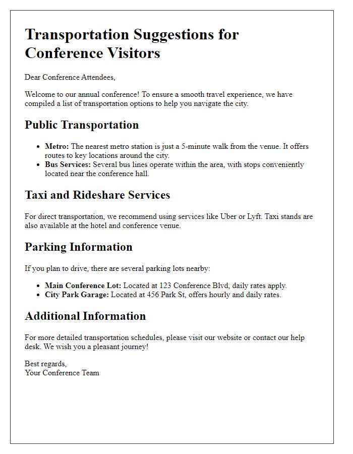 Letter template of transportation suggestions for conference visitors.