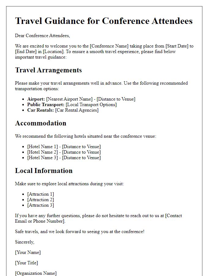 Letter template of travel guidance for those attending the conference.