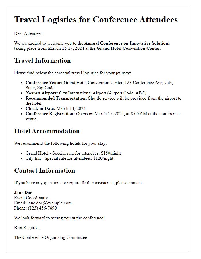 Letter template of travel logistics for conference attendees.