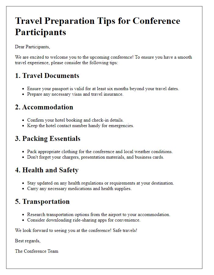 Letter template of travel preparation tips for conference participants.