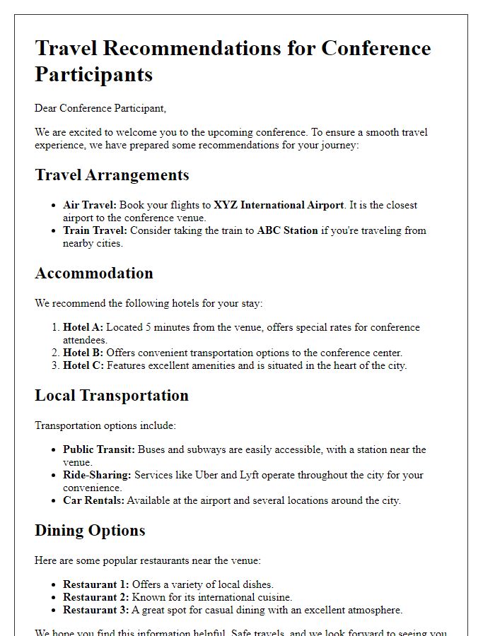 Letter template of travel recommendations for conference participants.