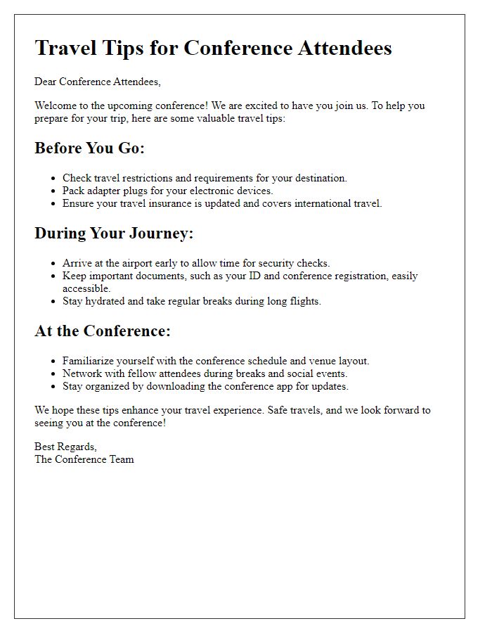 Letter template of travel tips for conference attendees.