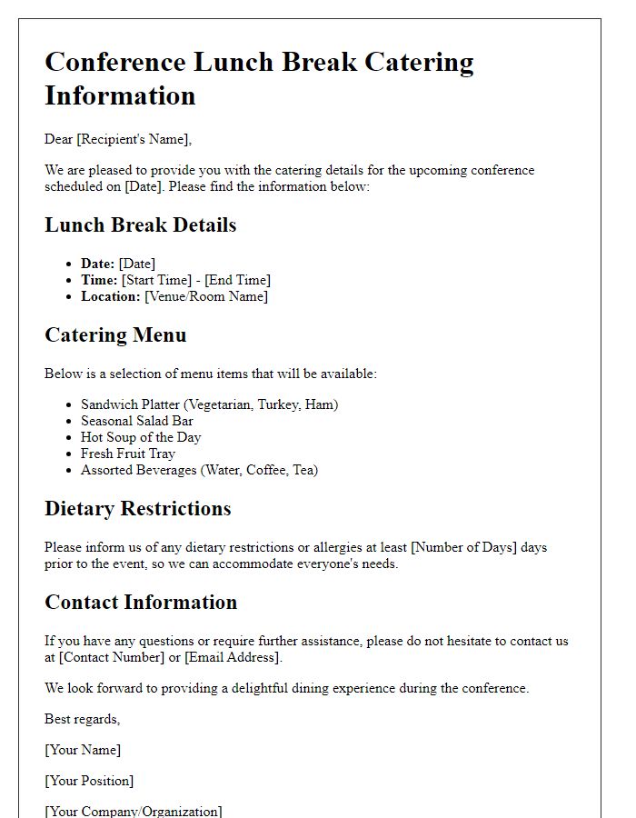 Letter template of catering information for conference lunch breaks.