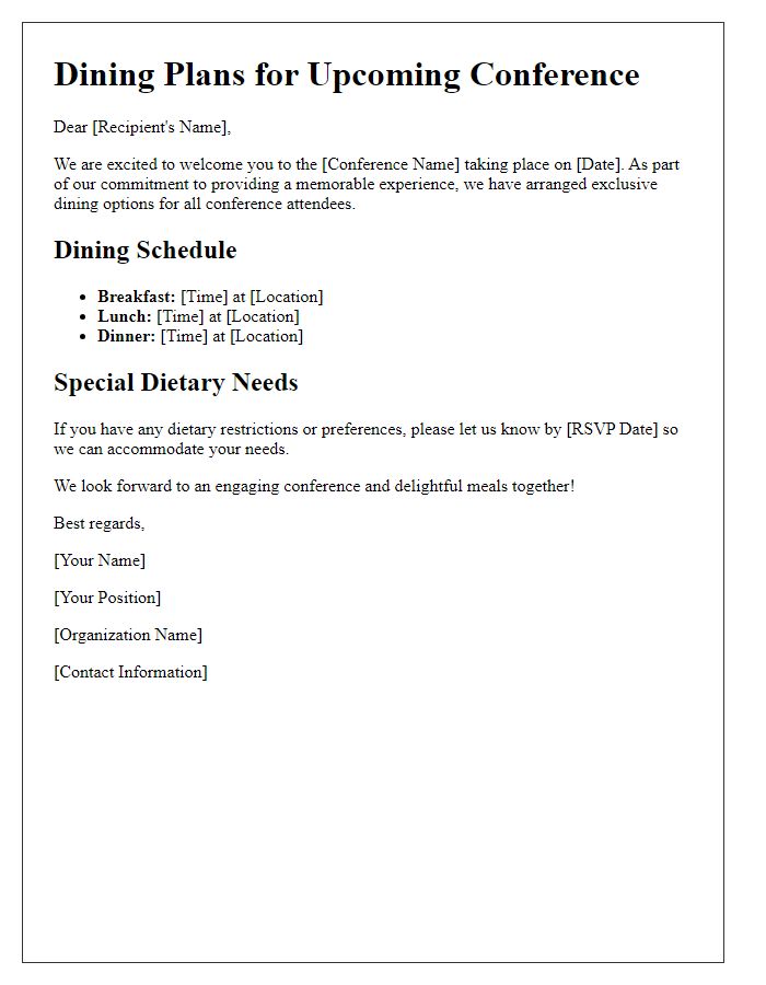 Letter template of dining plans for conference sessions.