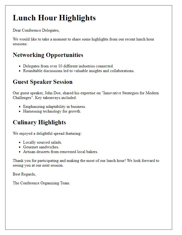 Letter template of lunch hour highlights for conference delegates.