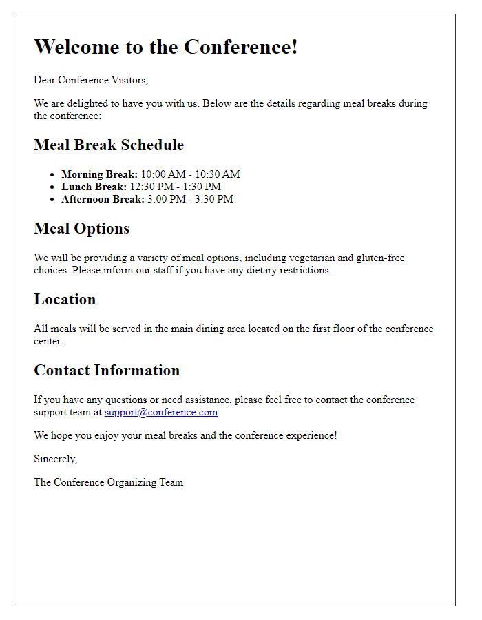 Letter template of meal break instructions for conference visitors.