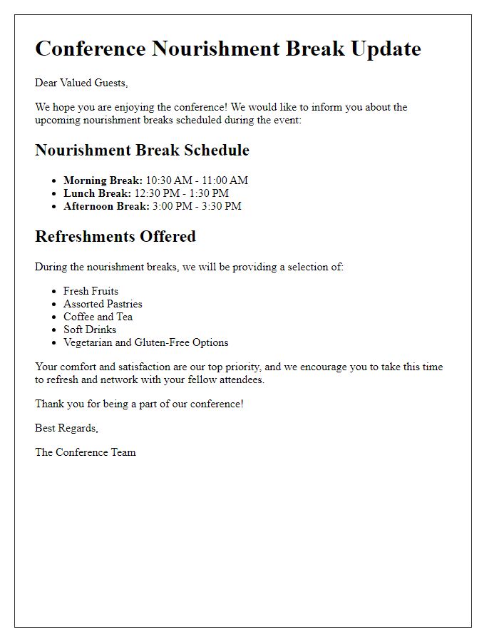 Letter template of nourishment break updates for conference guests.