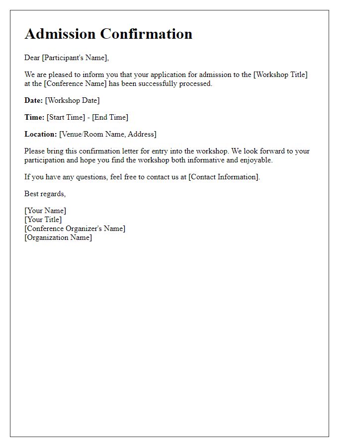 Letter template of conference workshop admission confirmation