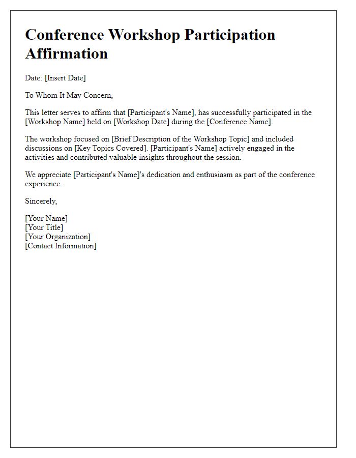 Letter template of conference workshop participation affirmation