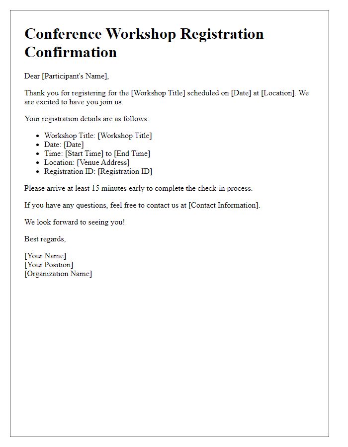 Letter template of conference workshop registration confirmation