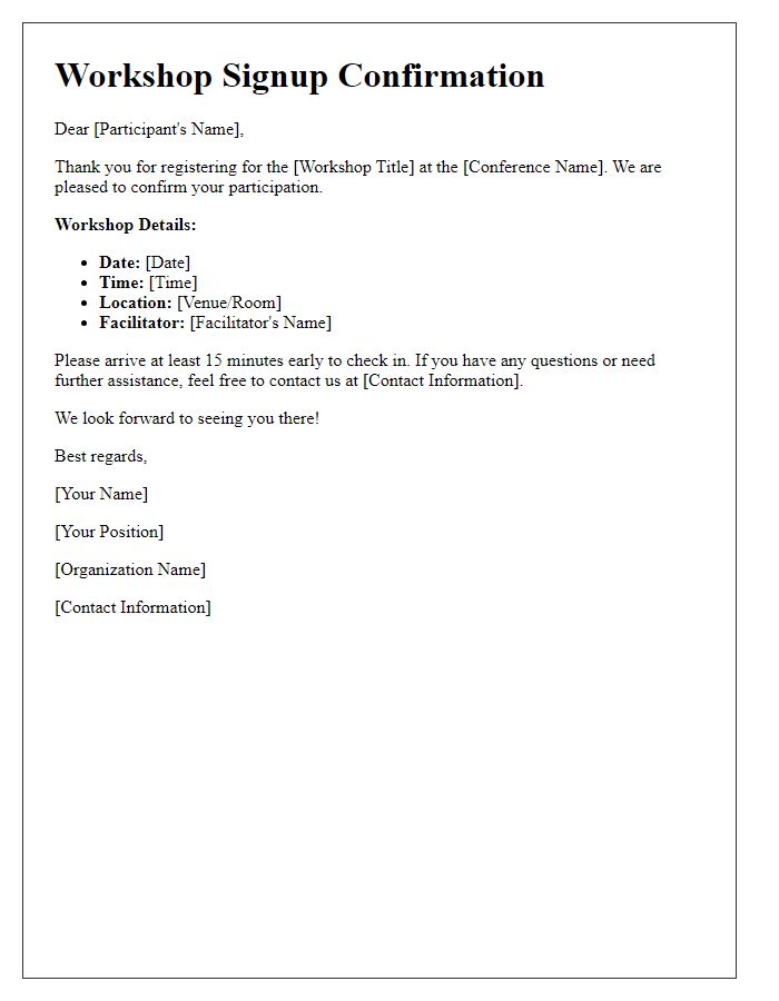 Letter template of conference workshop signup confirmation