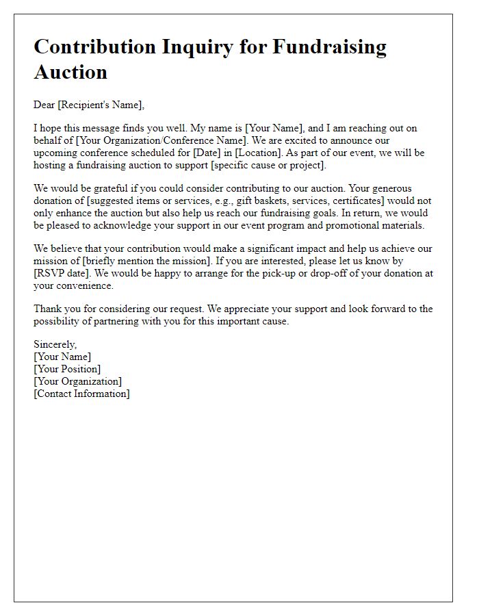 Letter template of contribution inquiry for conference fundraising auction