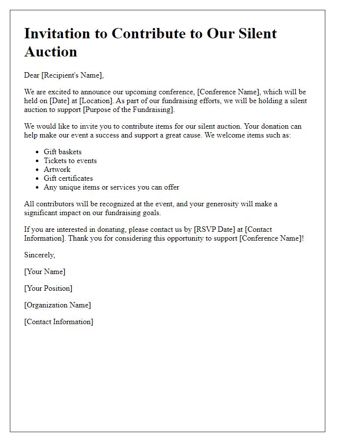 Letter template of invitation to donate items for conference fundraising silent auction