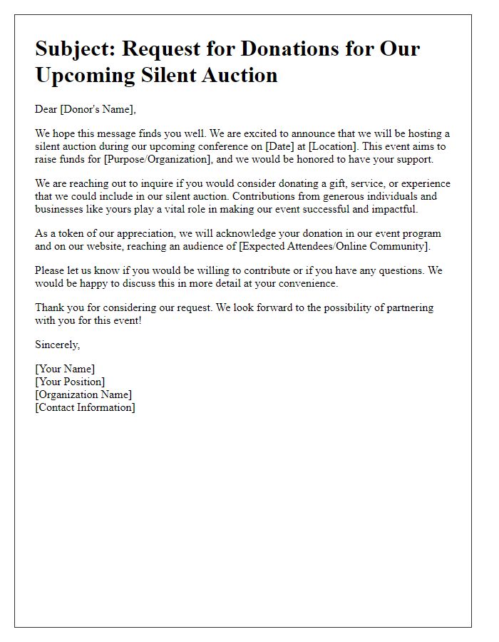 Letter template of outreach for conference silent auction participant donations