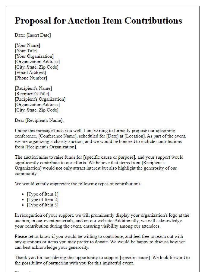 Letter template of proposal for auction item contributions for conference event