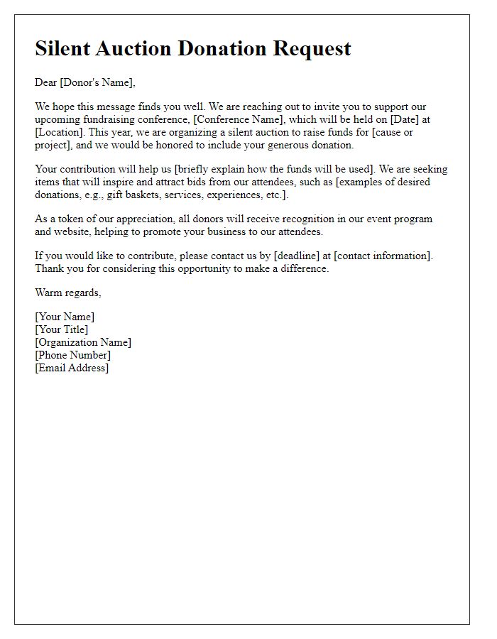 Letter template of silent auction donation request for fundraising conference