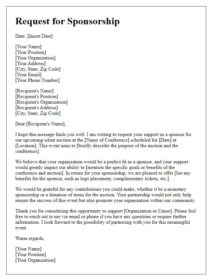 Letter template of sponsorship request for silent auction at a conference