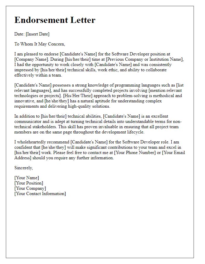 Letter template of endorsement for a software developer role