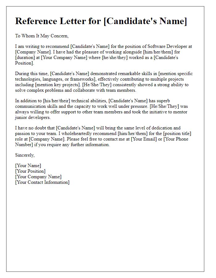 Letter template of reference for software development candidate
