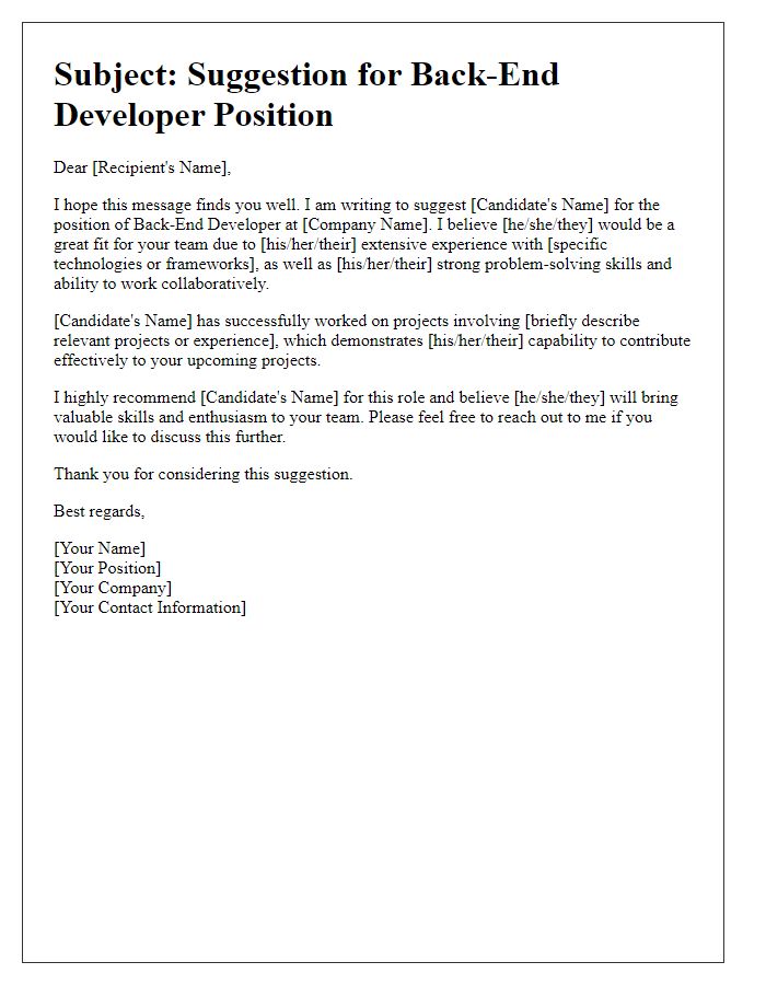 Letter template of suggestion for a back-end developer