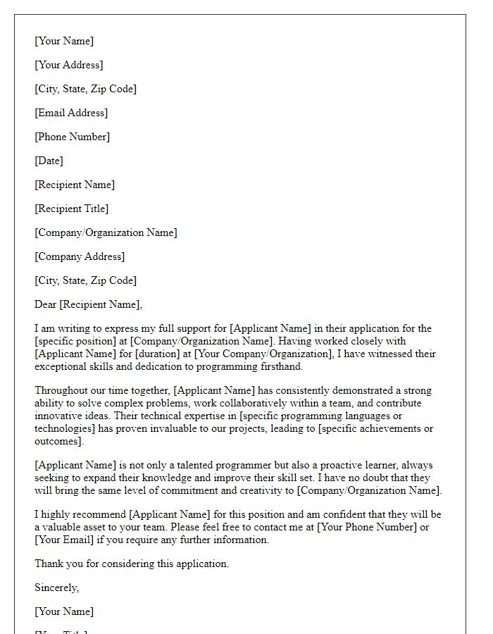 Letter template of support for a programmer application