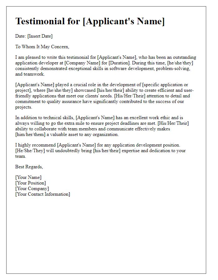 Letter template of testimonial for an application developer