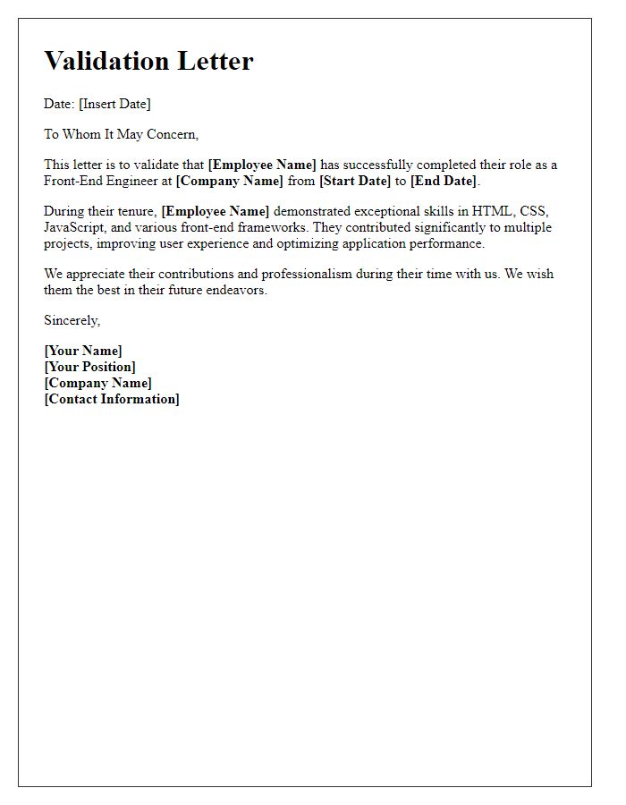 Letter template of validation for a front-end engineer