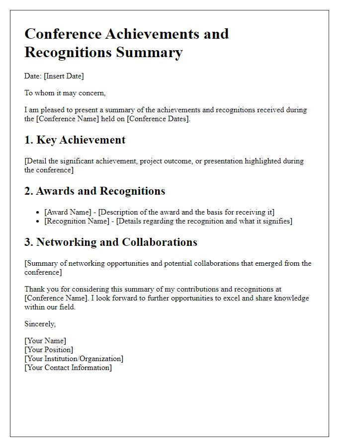 Letter template of conference achievements and recognitions summary