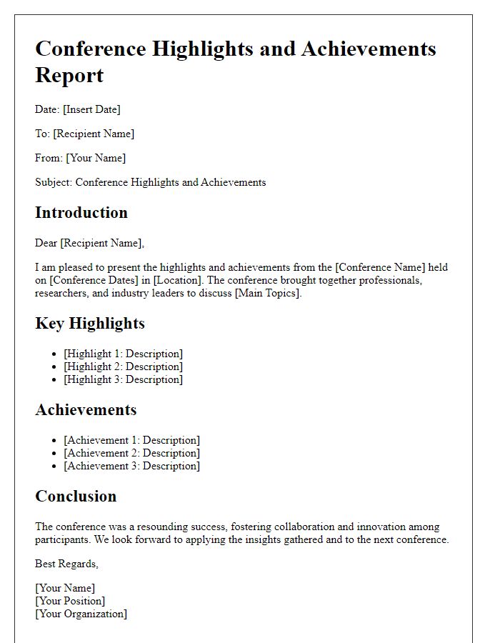 Letter template of conference highlights and achievements report