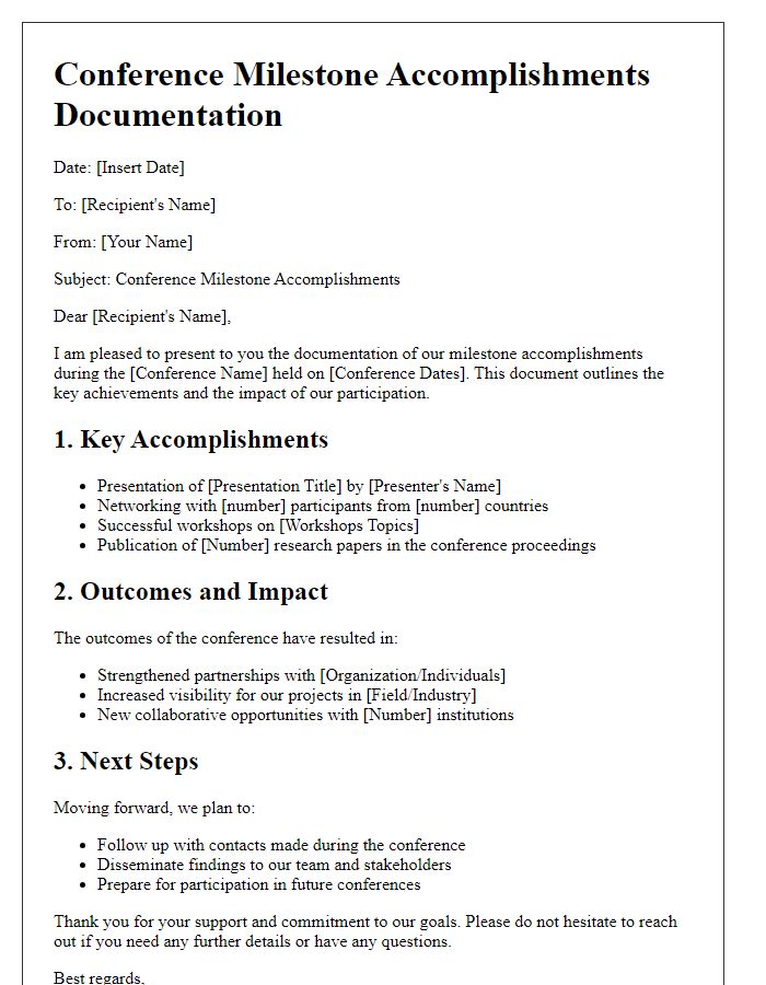 Letter template of conference milestone accomplishments documentation