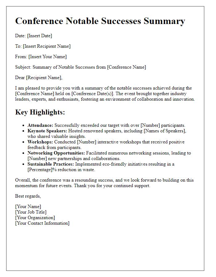 Letter template of conference notable successes summary