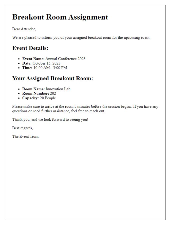 Letter template of assigned breakout room details for attendees