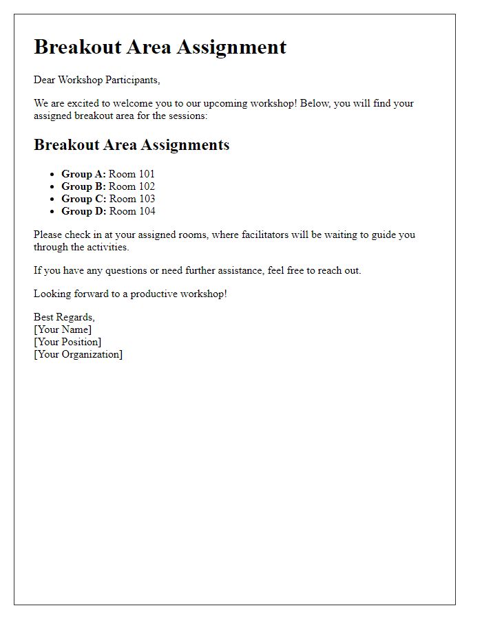 Letter template of breakout area assignment for workshop participants