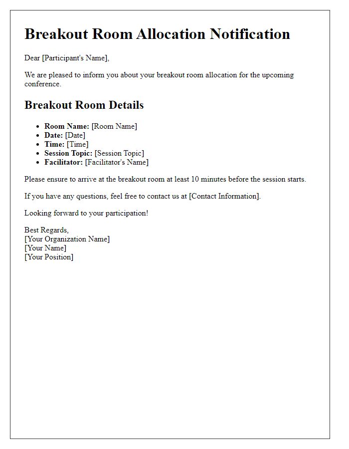 Letter template of breakout room allocation for the conference