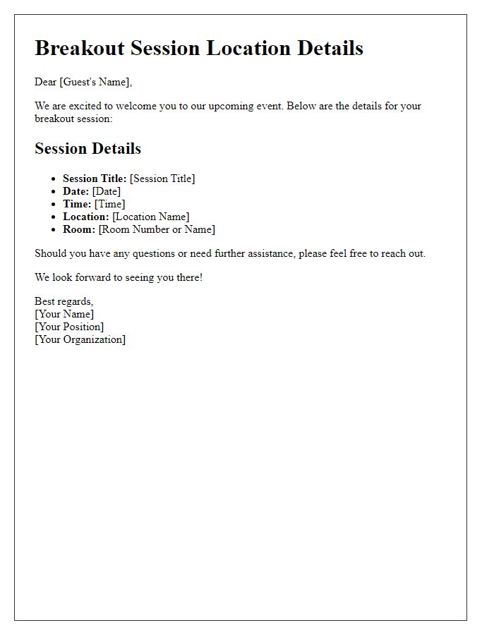 Letter template of breakout session location details for guests