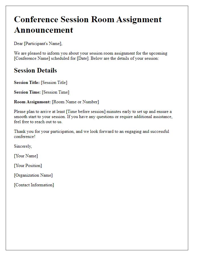 Letter template of conference session room assignment announcement