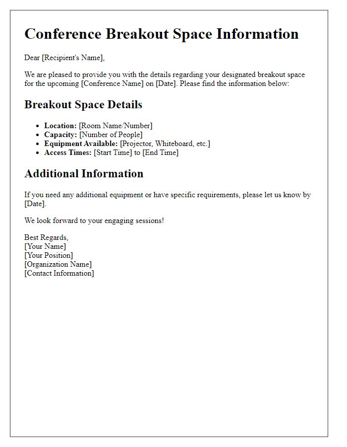 Letter template of designated conference breakout space information