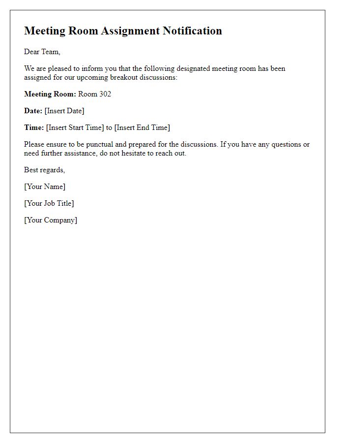 Letter template of designated meeting room assignment for breakout discussions