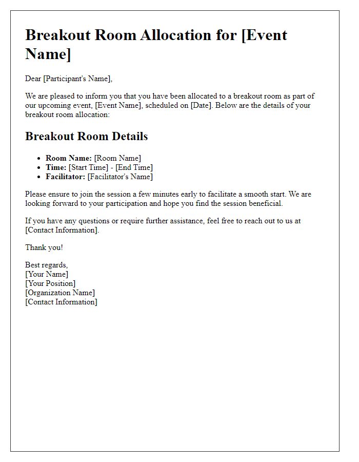 Letter template of participant breakout room allocation for event planners