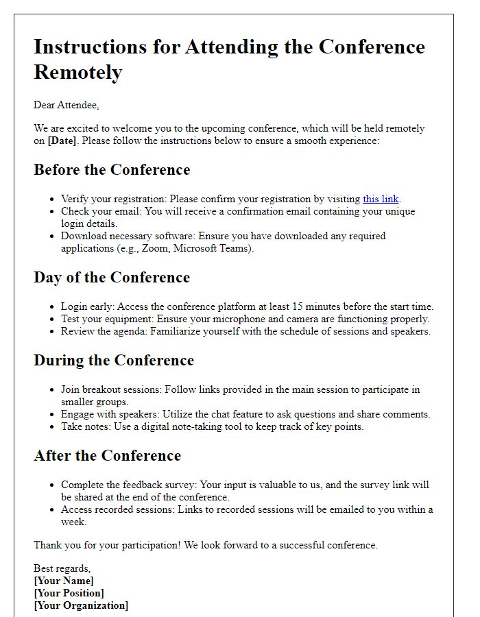 Letter template of Instructions for Attending Conference Remotely