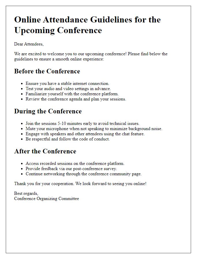 Letter template of Online Attendance Guidelines for Conference