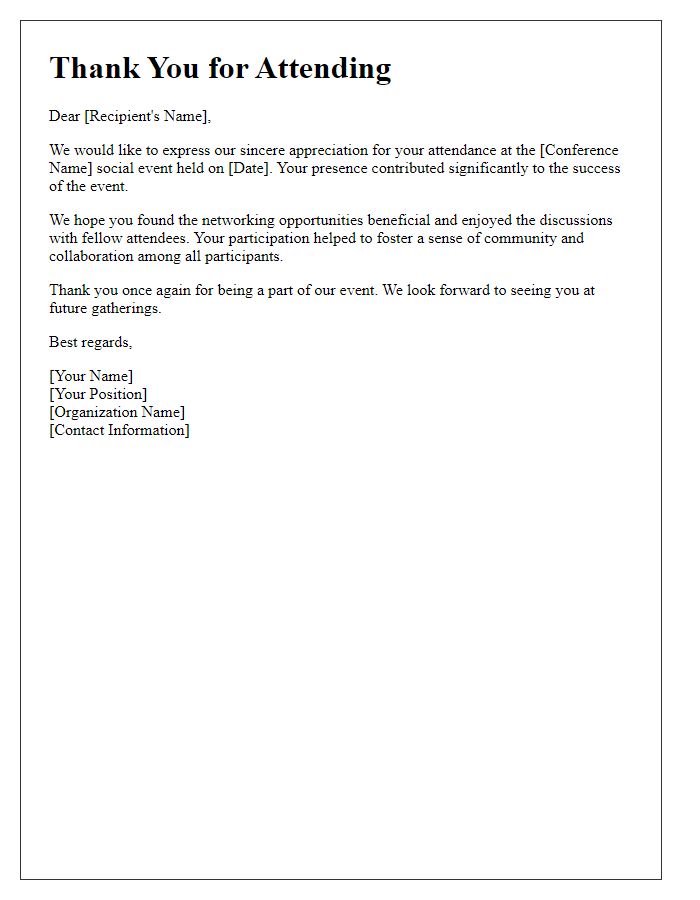 Letter template of appreciation for attending the conference social event