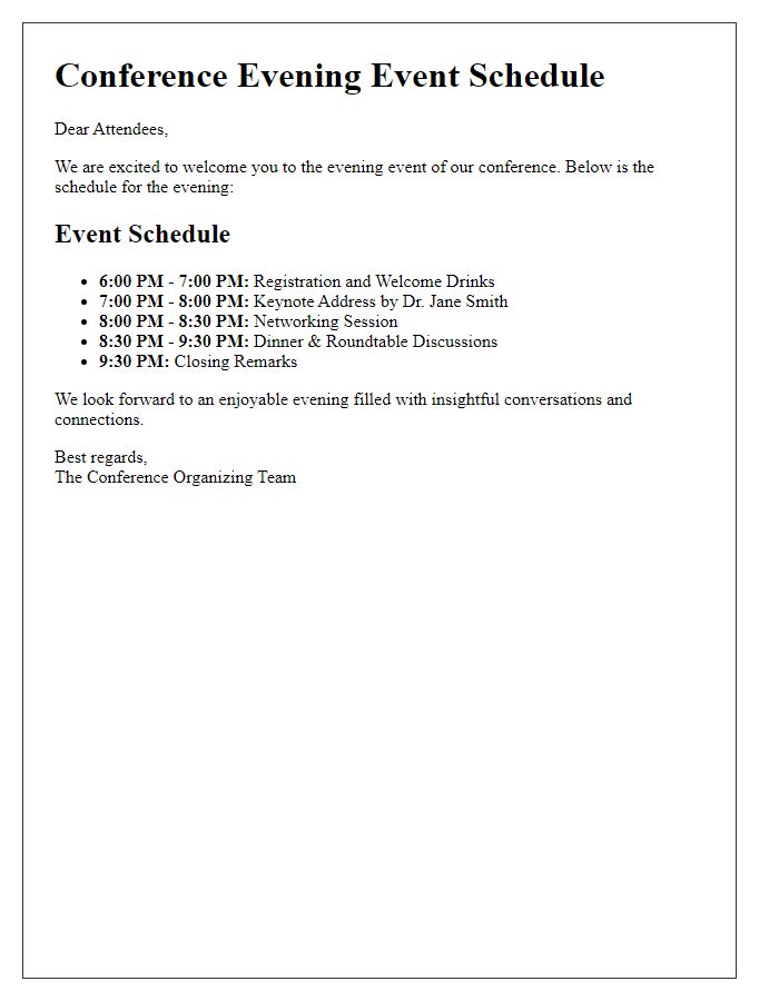 Letter template of schedule for conference evening event